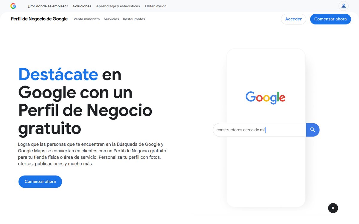 Página oficial del Perfil de Negocio de Google, con el botón «Comenzar ahora» arriba a la derecha y la opción «Acceder» a su izquierda.