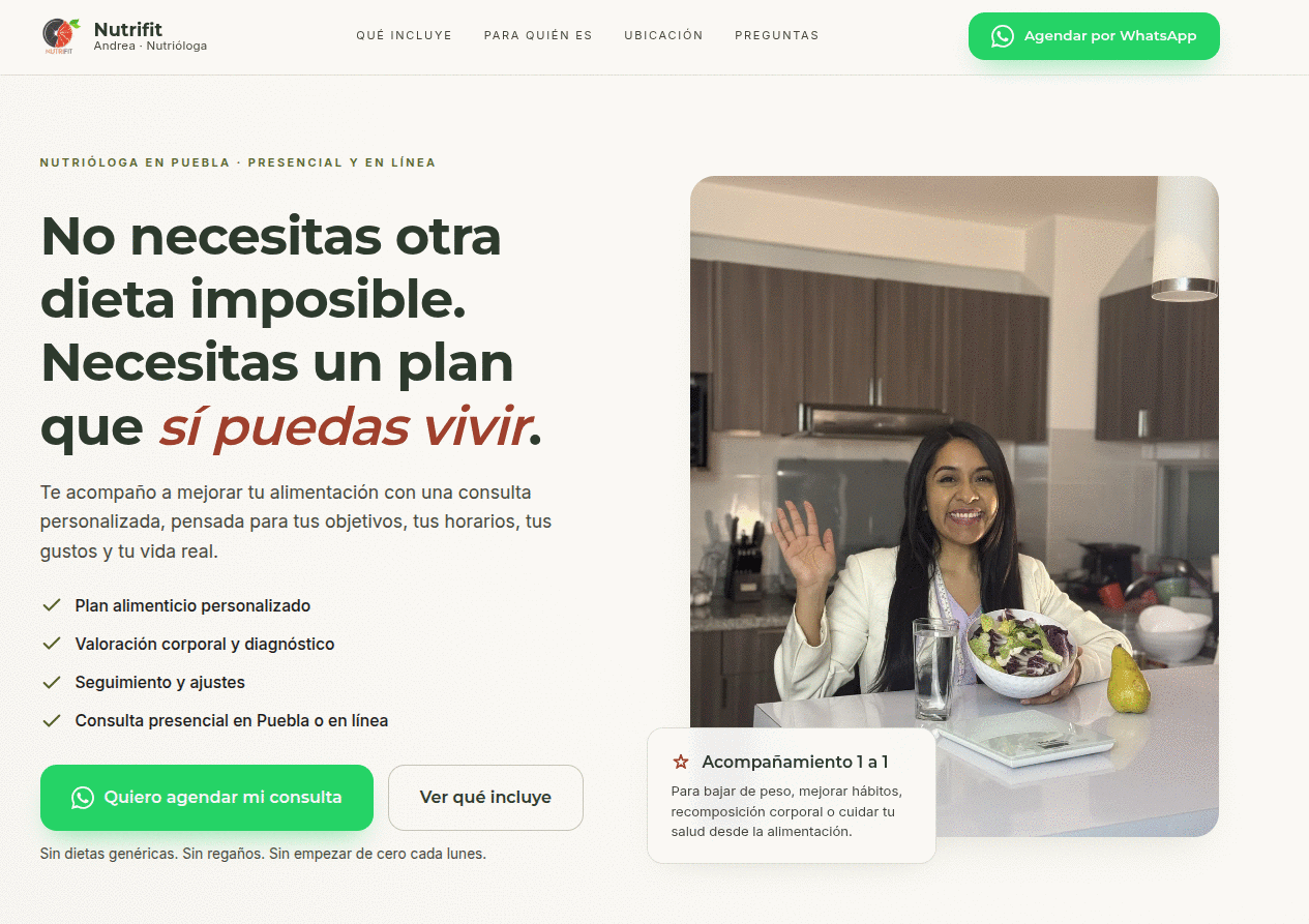 Landing de consulta nutricional en producción: encabezado, beneficios y formulario de agenda.